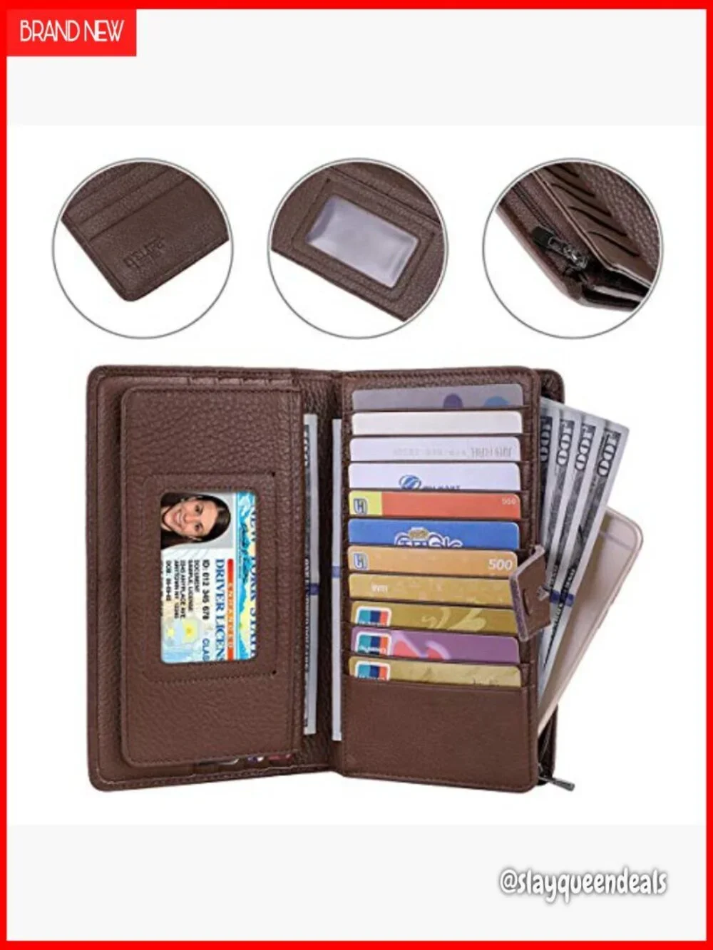 Large Capacity RFID Blocking Leather Wallet with Checkbook Holder
